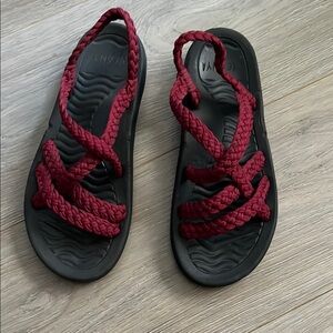 MEGNYA Black Sandals with Red Straps